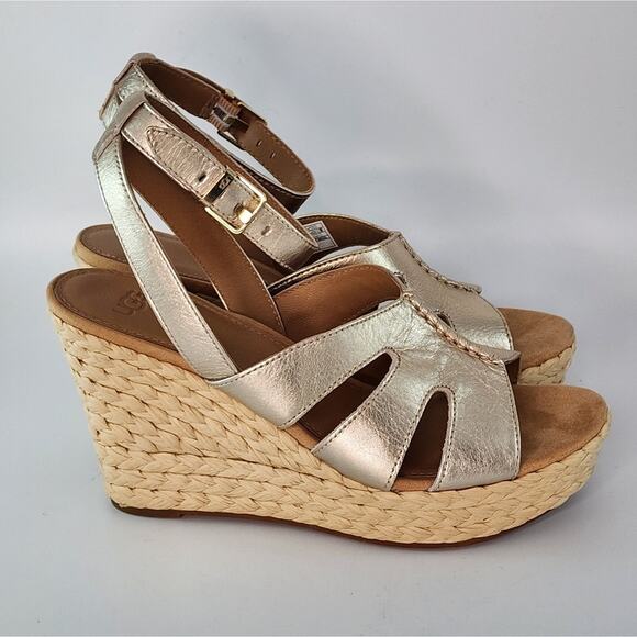 Ugg Gold Metallic Careena Wedge Platform Sandals Women's Size 8.5 NWT - Picture 1 of 9